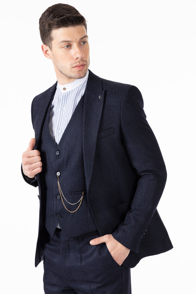 JOHN - Navy Tweed Herringbone Blazer with Patch Pockets - Jack Martin Menswear