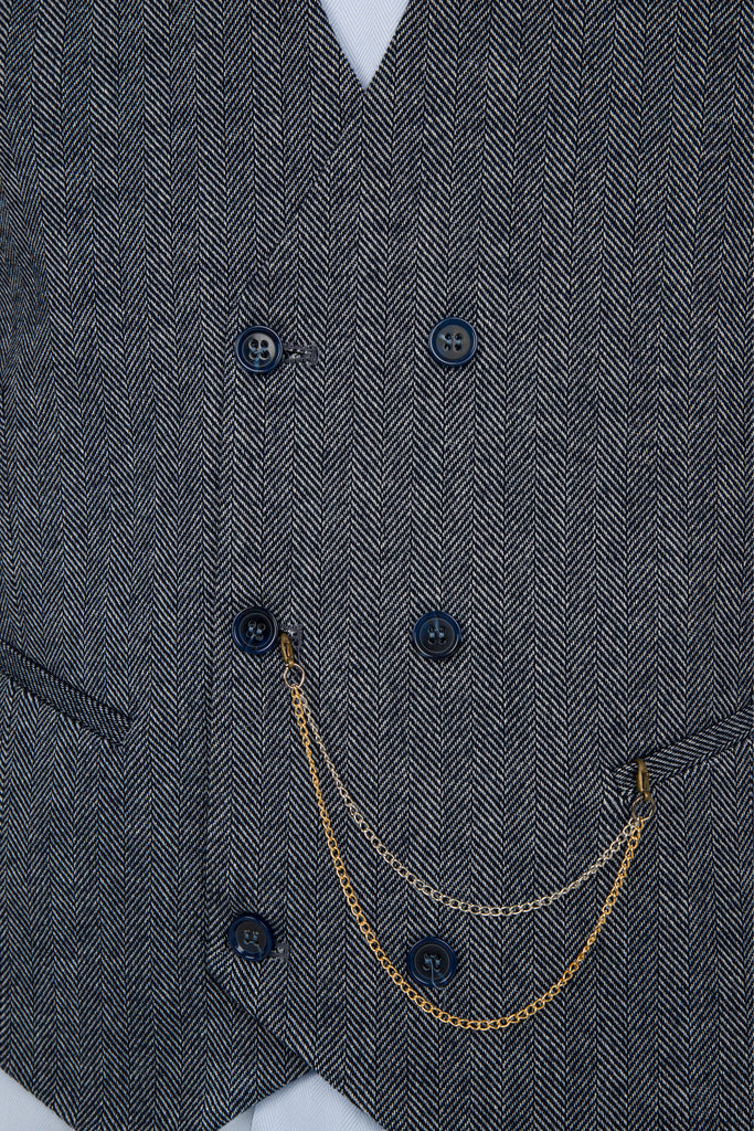 Navy & White Herringbone Tweed Double Breasted Waistcoat - Jack Martin Menswear